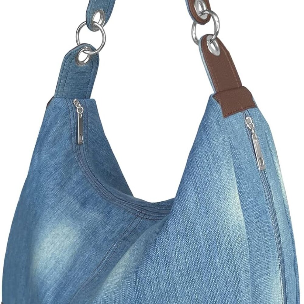 Denim Handbags for Women Jean Purse with Multiple Pockets Denim Blue Pocketbooks